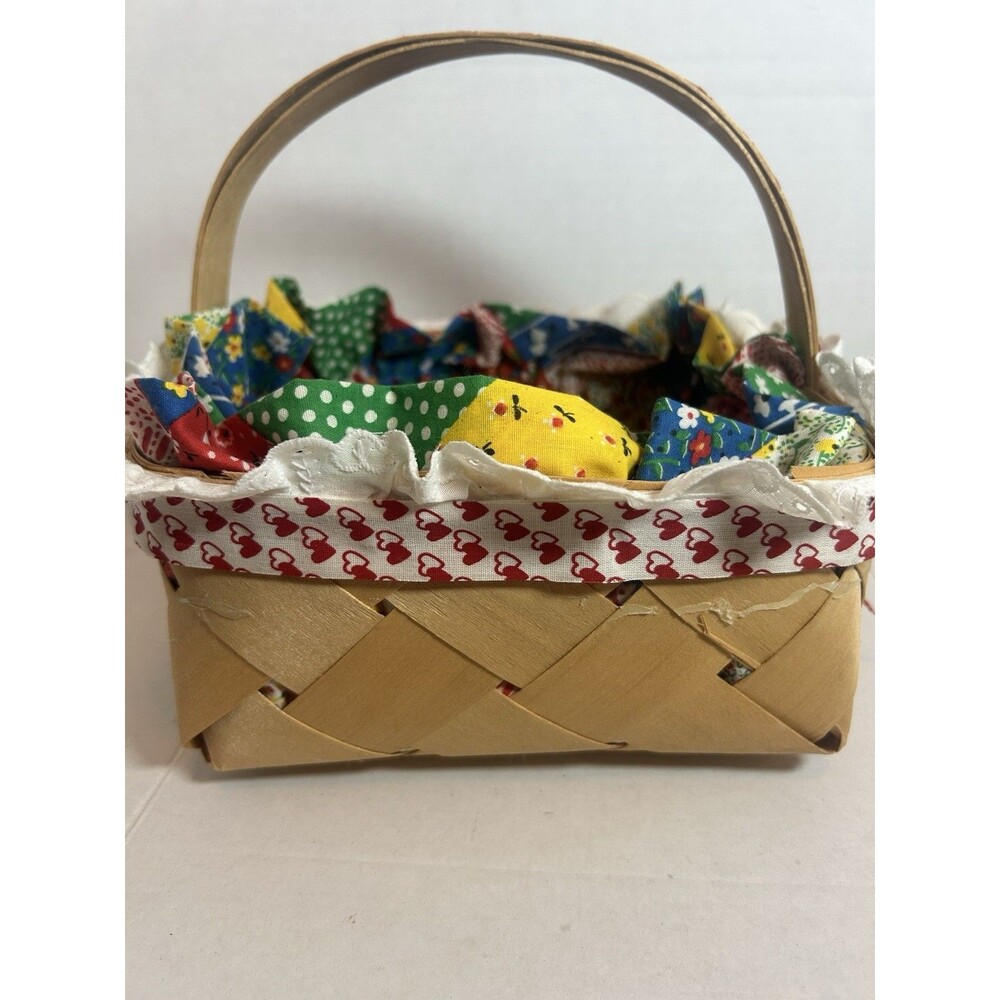 Woven Basket Fabric Cushioned Liner Heart Trim 7.5” Farmhouse Grannycore Decor - Picture 5 of 16
